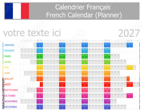 2027 French Planner Calendar with Horizontal Months on white background
