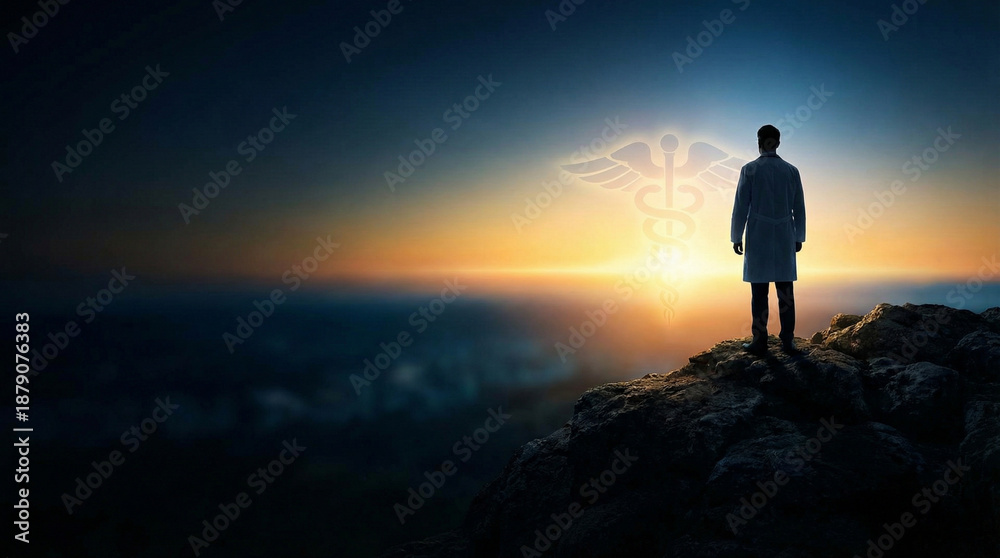 Fototapeta premium Man standing on rocky outcrop with wings at sunrise or sunset