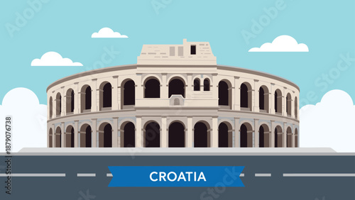 Detailed illustration of the Pula Arena amphitheater in Croatia under a clear blue sky with white clouds and a decorative ribbon label.