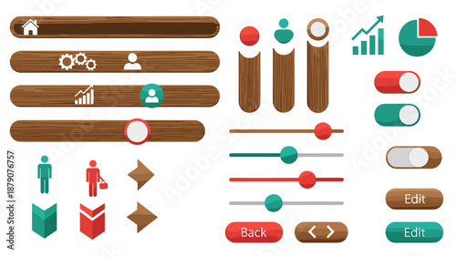 Comprehensive collection of user interface elements with natural wood texture including buttons, sliders, switches, and progress bars.