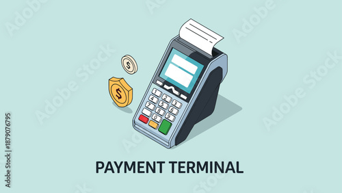Payment terminal machine for credit cards with floating coins and a security shield icon representing safe financial transactions.