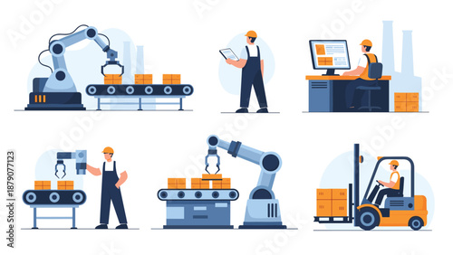 Collection of industrial manufacturing scenes including robotic arms on assembly lines human workers monitoring systems and forklifts.