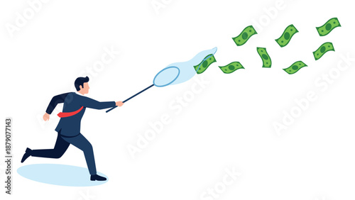 Businessman in suit runs after flying dollar banknotes with a butterfly net symbolizing chasing financial success and wealth.