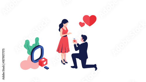 Romantic man kneeling and proposing with a ring to a woman in a red dress surrounded by hearts and social media icons in an isometric scene.