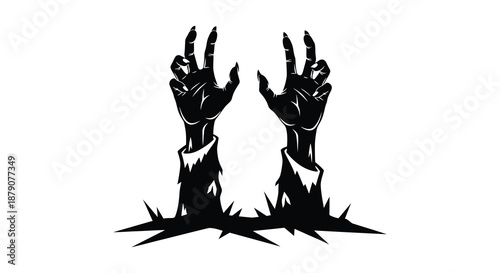 A striking depiction of two hands emerging from fractured ground darkly rendered with sharp edges capturing a dramatic and unsettling silhouette