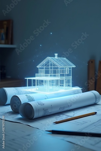 Holographic house blueprint glowing on architect desk with rolled papers