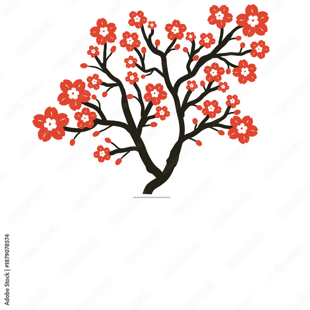 Obraz premium An artistic nature illustration of a spring branch tree with red hearts and green leaves featuring a cherry blossom love symbol design for a romantic seasonal decoration