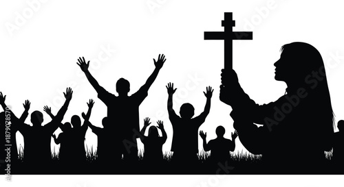 A striking depiction of worship and devotion featuring a woman with a cross and a crowd raising hands all in silhouette