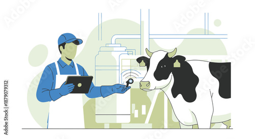 Smart farming illustration showcasing a farmer using technology to monitor a cow health efficiently