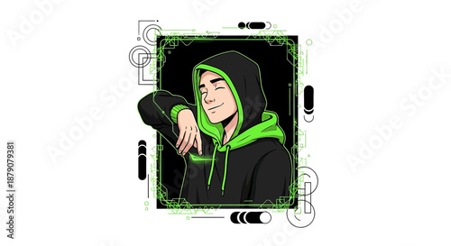 Stylized cartoon illustration of a hooded figure with futuristic design elements integrated around