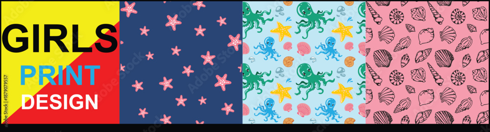 Obraz premium Sea and Ocean Creatures Seamless allover vector design, Sea animal seamless repeat allover design, Beautiful allover vector design for kids were women's were.