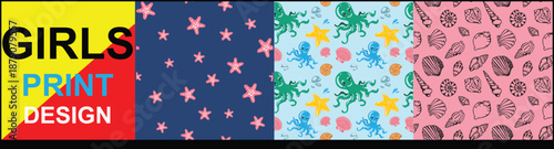 Sea and Ocean Creatures Seamless allover vector design, Sea animal seamless repeat allover design, Beautiful allover vector design for kids were women's were.