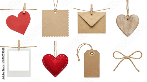 Rustic paper craft stationery set including heart tags, envelope, polaroid frame, and twine bow isolated. Romantic mailing and gift packaging collection.