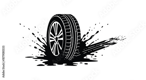 A dynamic black and white illustration depicts a rolling tire creating a splash effect showcasing speed and motion a striking silhouette