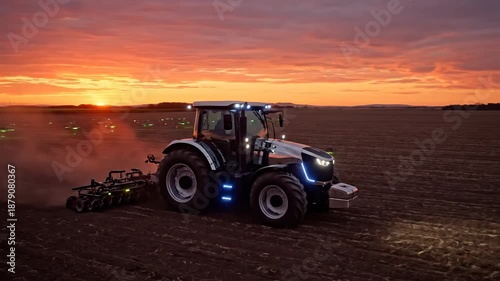 Autonomous tractor plowing field at sunset, modern agriculture technology