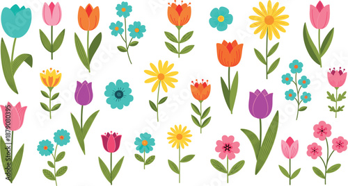 Colorful hand drawn spring flowers vector set with tulips daisies wildflowers leaves and floral decorative elements