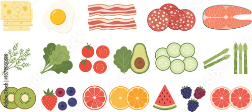 Healthy food ingredients vector set with meat fish eggs cheese vegetables fruits berries and balanced diet elements