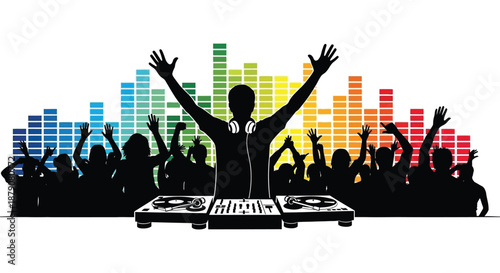 A vibrant depiction of a dj performing with an energetic crowd and colorful equalizer bars in a striking silhouette high quality