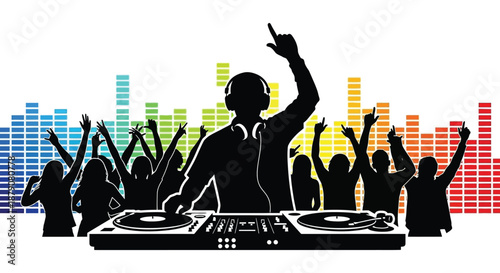 A vibrant depiction of a dj performing with a cheering crowd visualized with colorful equalizer bars a bold silhouette