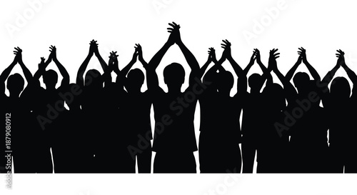A collective of people raising their arms in unison depicted as a stark black form against a bright white background silhouette