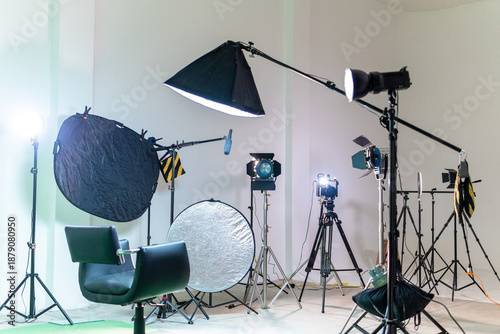 Empty film studio set with lighting equipment