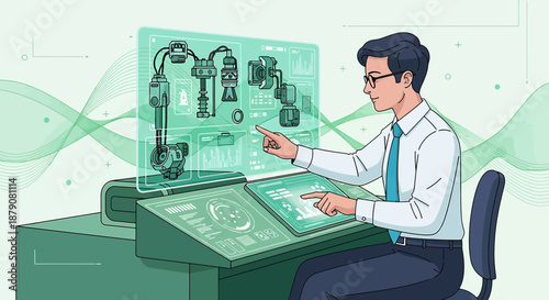 Man interacting with virtual engineering interface for manufacturing advancements