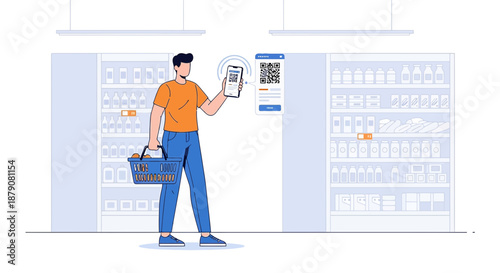 Man using qr code scanner on phone for digital purchasing in supermarket aisle