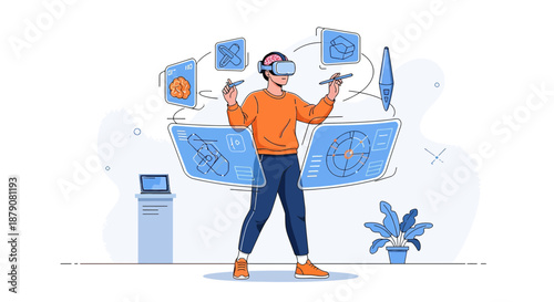 Man using virtual reality headset for engineering project interactive interfaces with innovative