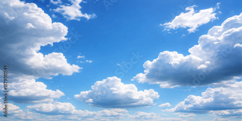 A beautiful clear blue sky with fluffy white cumulus clouds basking in bright summer sunlight for a peaceful outdoor nature atmosphere
