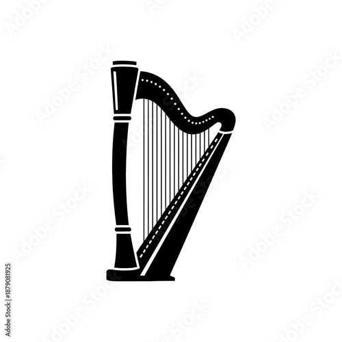 Solid black silhouette of a Welsh harp, Saint David’s Day cultural symbol, minimal flat icon