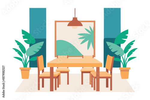 A Tropical Dining Space With Wooden Furniture And Soft Cushions