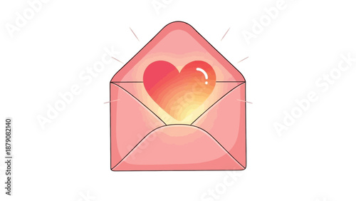 Open pink envelope with a glowing heart and radiating light on white love romance