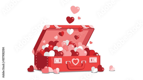 Open red suitcase overflowing with colorful hearts on white background love luggage