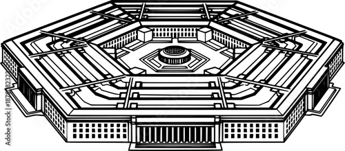 Line drawing of the Pentagon building in black and white, archit
