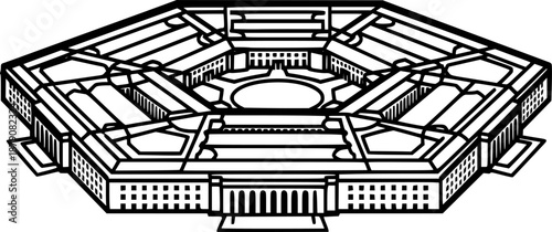 Line drawing of the Pentagon building in black and white, archit
