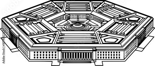 Line drawing of the Pentagon building in black and white, archit
