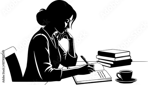 Silhouette of a contemplative woman writing poetry at her desk i

