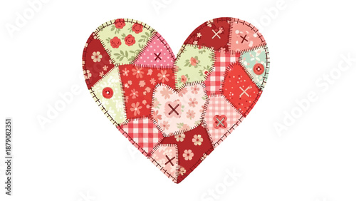 Patchwork Heart Shape with Floral Patterns and Buttons on White love quilt
