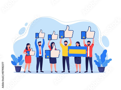 A group of people holding up thumbs up signs and a large thumbs up sign in a colorful illustration with a blue background