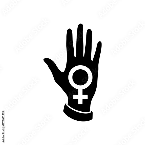 Solid black silhouette icon of a raised hand with female gender symbol, equality and strength theme