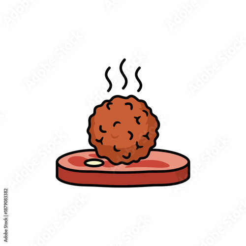 Minimal animated vector icon of meatball with steam lines, flat style, solid colors only, no gradient