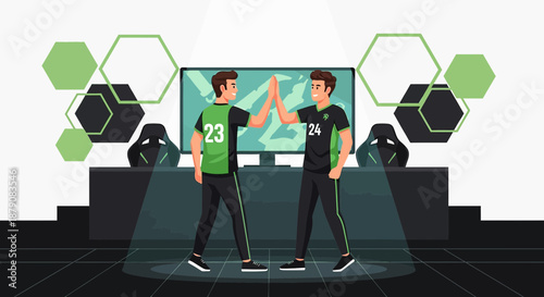 Esports team celebrating victory with a high five in their modern gaming setup arena