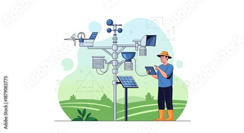 Farmer uses tablet on the field with meteorological station to monitor weather forecasts and