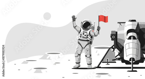 First Lunar Greeting: A Pioneering Astronaut Waving a Flag on the Moon's Surface landscape