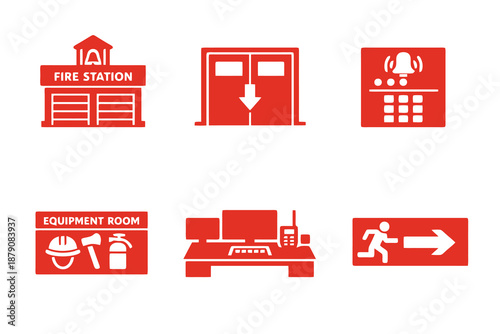 Fire station facility icon set focused on emergency infrastructure and internal service areas. Monocromatic flat vector icons with simple shapes for public safety apps, UI dashboards and websites.
