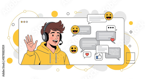 Friendly online assistant communicating through video call and engaging in social media