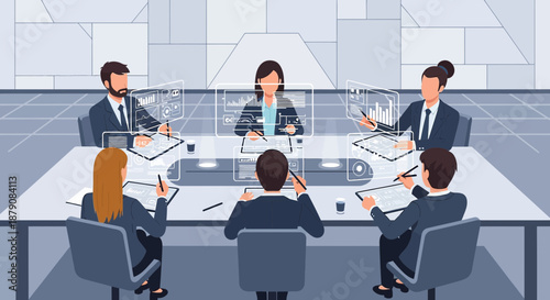 Futuristic business meeting with holographic interface for data analysis and strategic planning