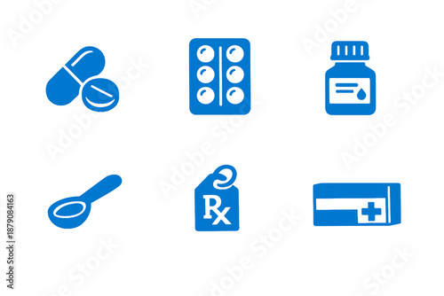 Pharmaceutical icon set focused on medicines, dosage and drug packaging. Monocromatic flat vector icons with simple shapes for health apps, UI dashboards and websites.