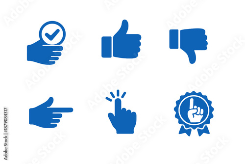 Approval and decision hand icons set featuring confirmation, selection and feedback gestures. Clean monocromatic vector icons with minimal design for digital platforms and interfaces.