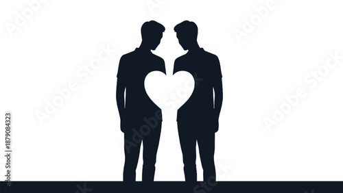 Two Men Silhouettes Holding Heart Shape Against White Background couple love
